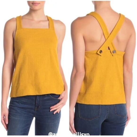 Madewell Tops - Madewell Mustard Yellow Crepe Square Neck Button Strap Tank Top